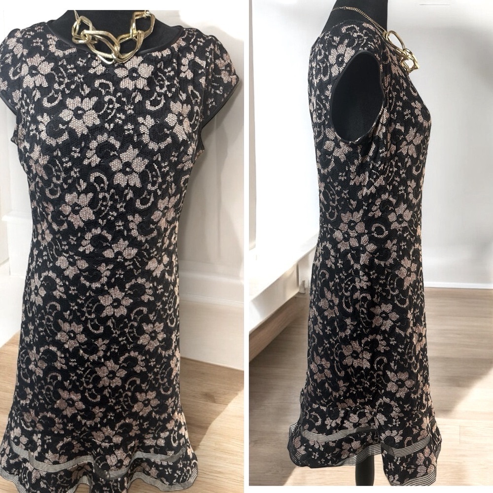 Brand: S.L. Fashions, lace dress, beige, black, size 12